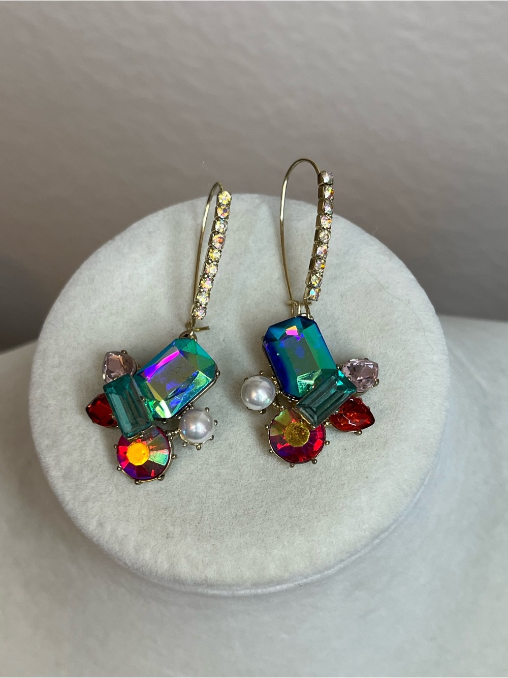 Betsey Johnson Crystal Dangle Earrings - Rhinestone Faux Pearl 2”